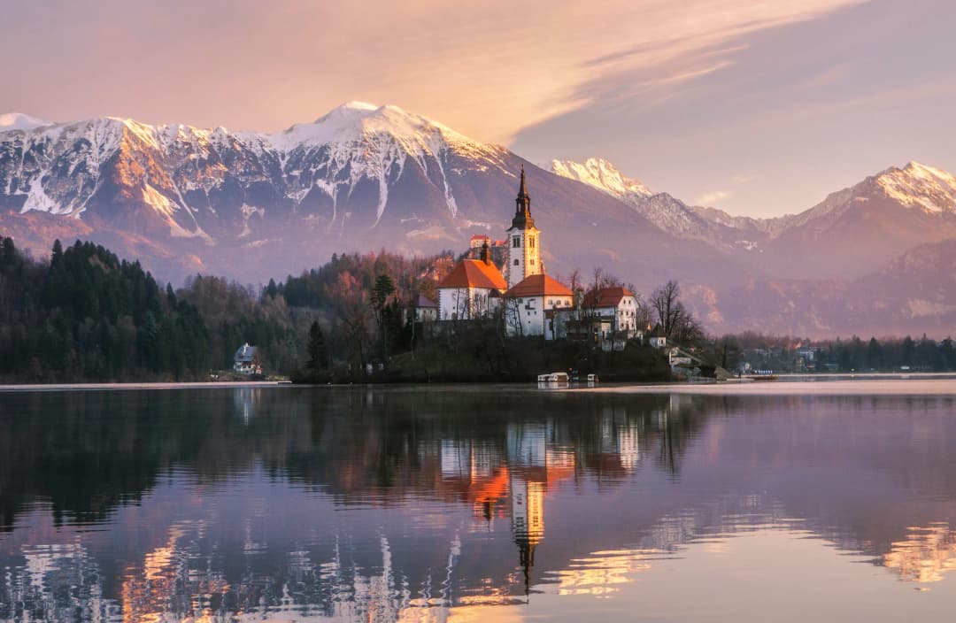 Lake Bled and Snowcapped Mountains