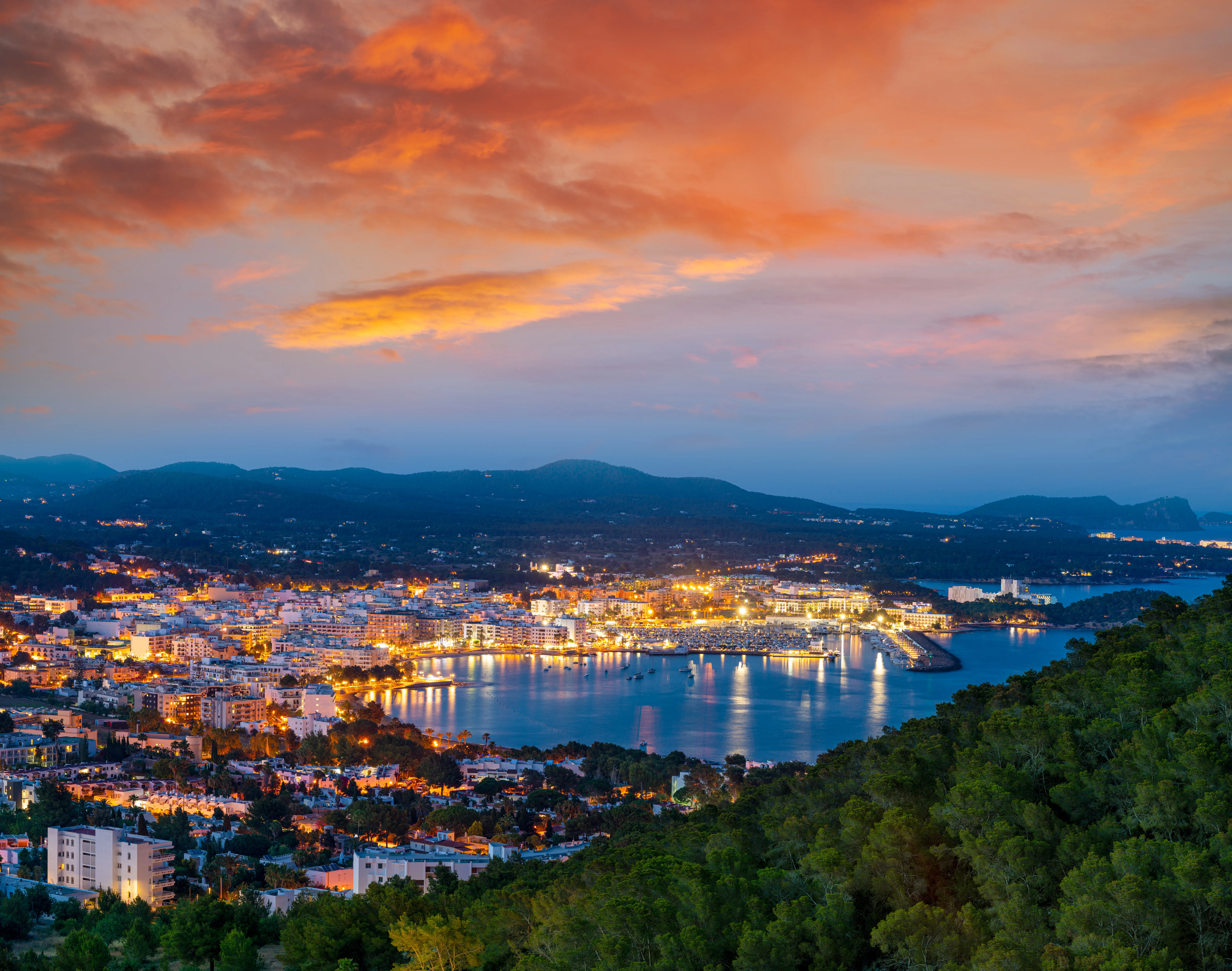 Santa Eulalia Eularia des Riu skyline sunset Ibiza at Balearic Islands