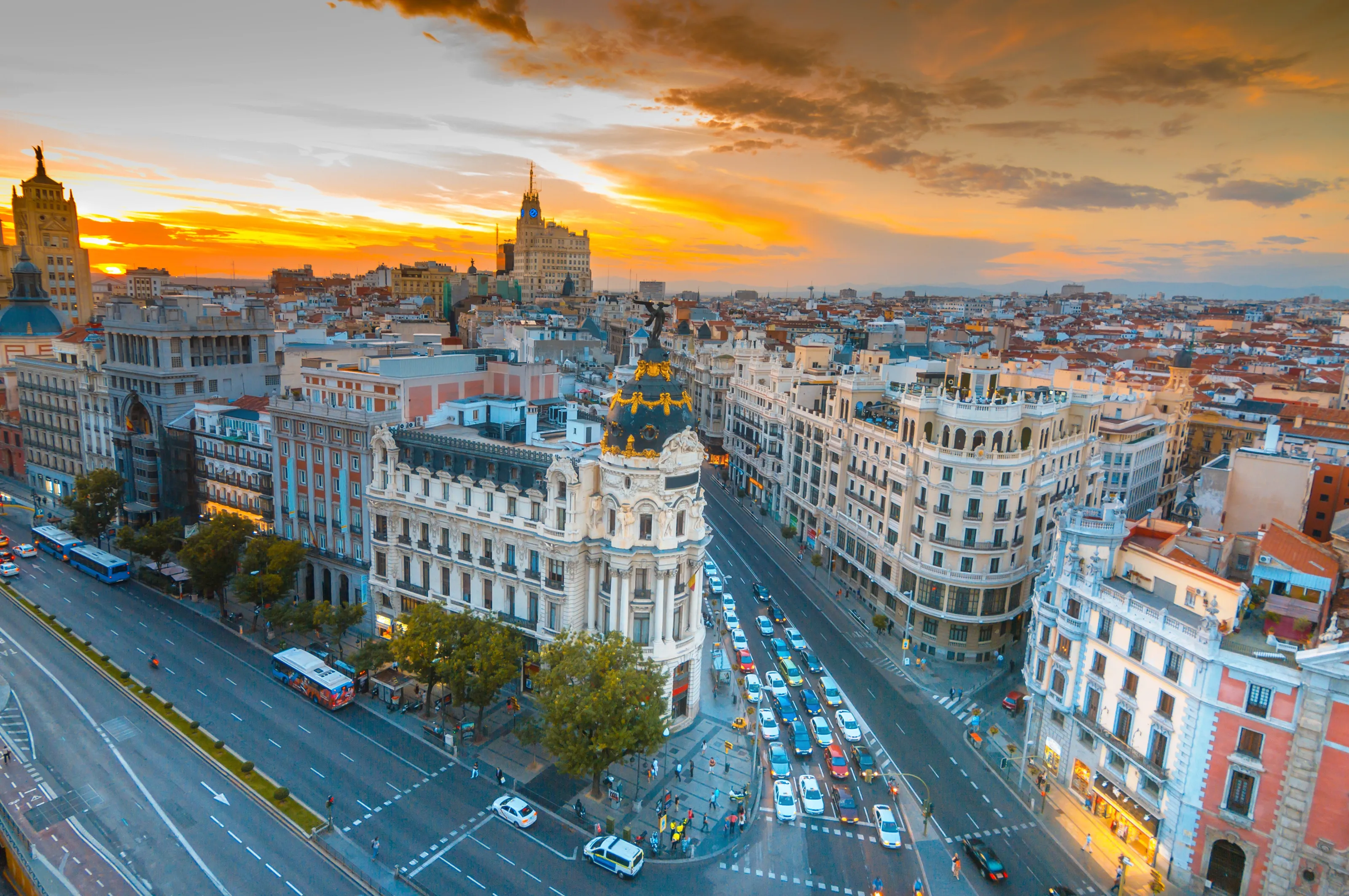 Panoramic aerial view of Gran Via street in Madrid in sunset, Spain