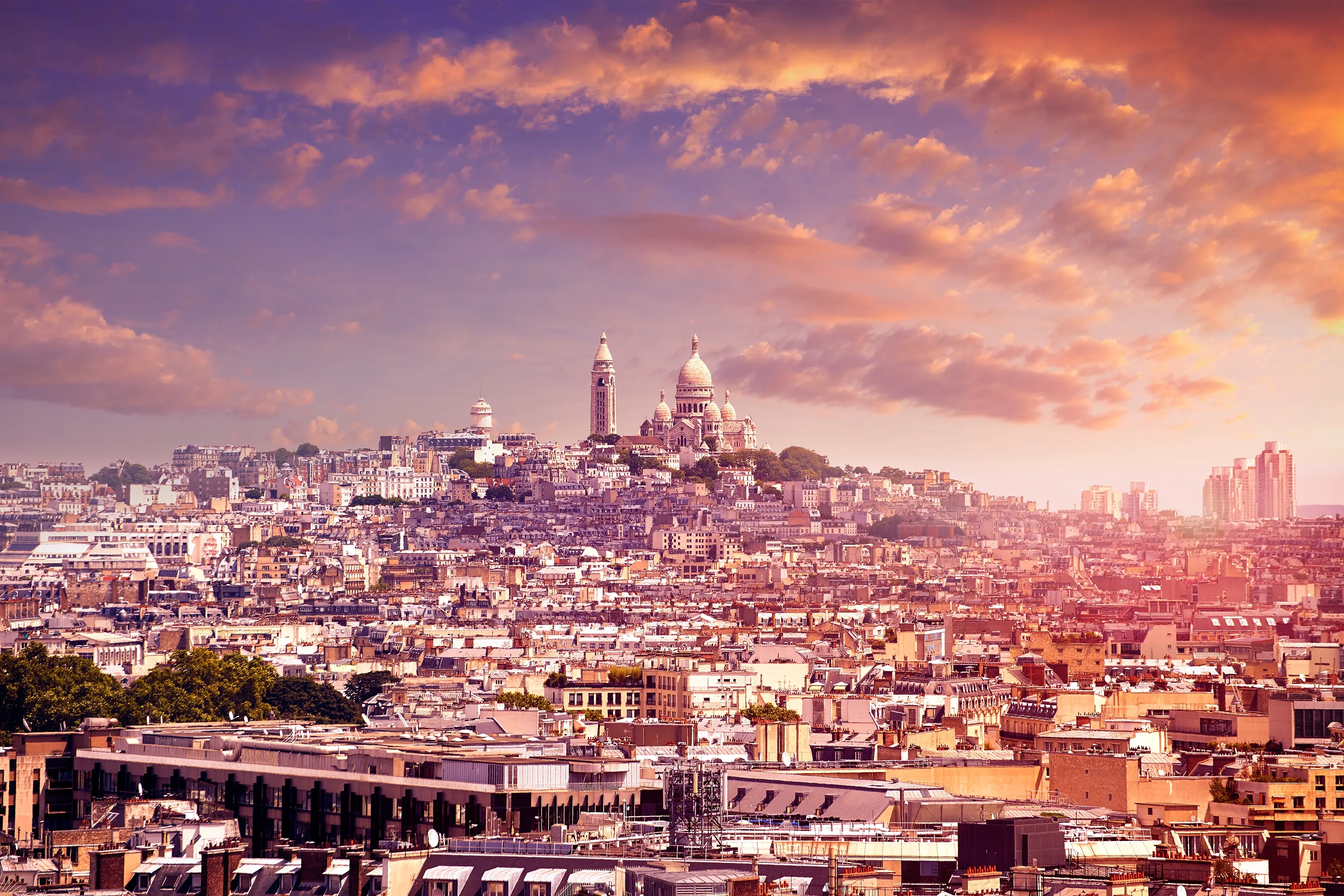 Paris skyline and Sacre Coeur basilique aerial view in France